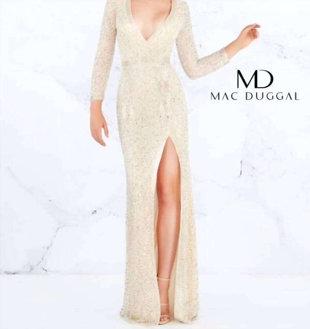 NEW MAC DUGGAL long sleeved prom gown in oyster